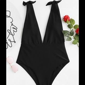 NWT Black Plunge Self Tie One Piece Bathing Suit